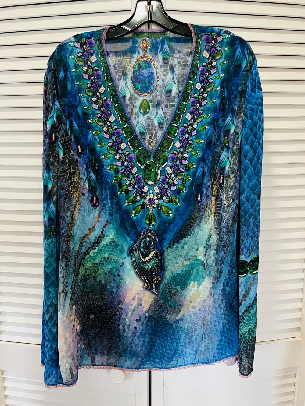 Silk Bejeweled Laser Print Tunic Top